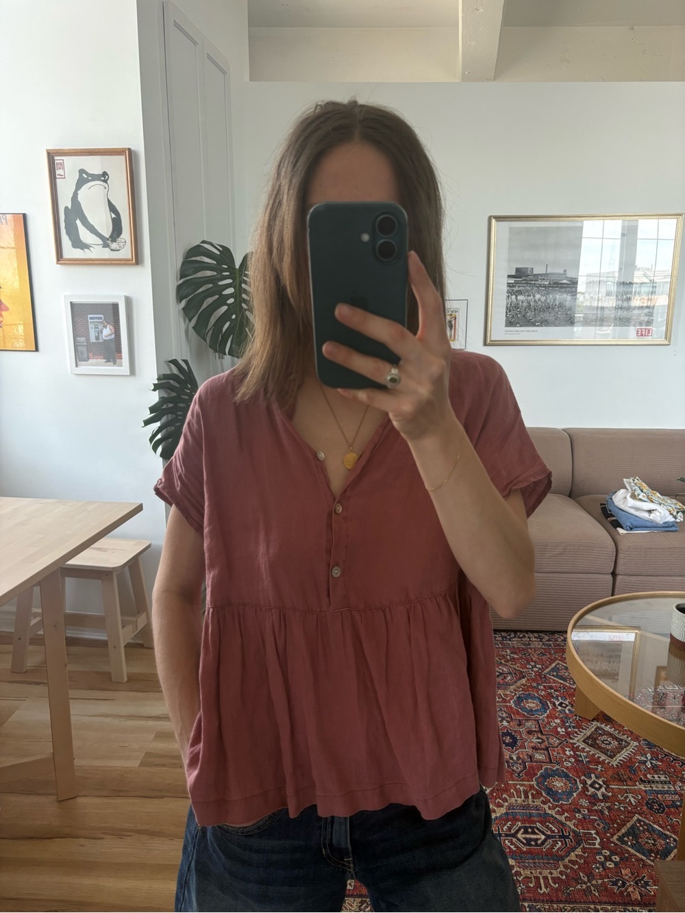 Cynthia Rowley Mauve Peplum Short Sleeve Button Top